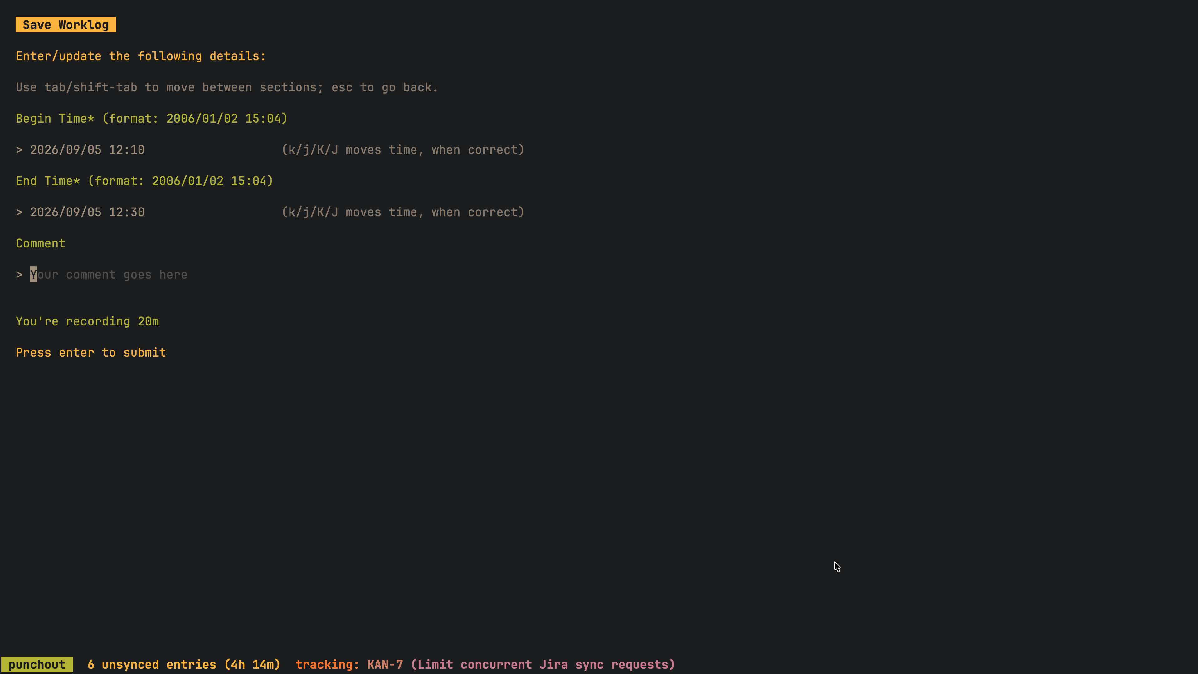 Punchout worklog entry form